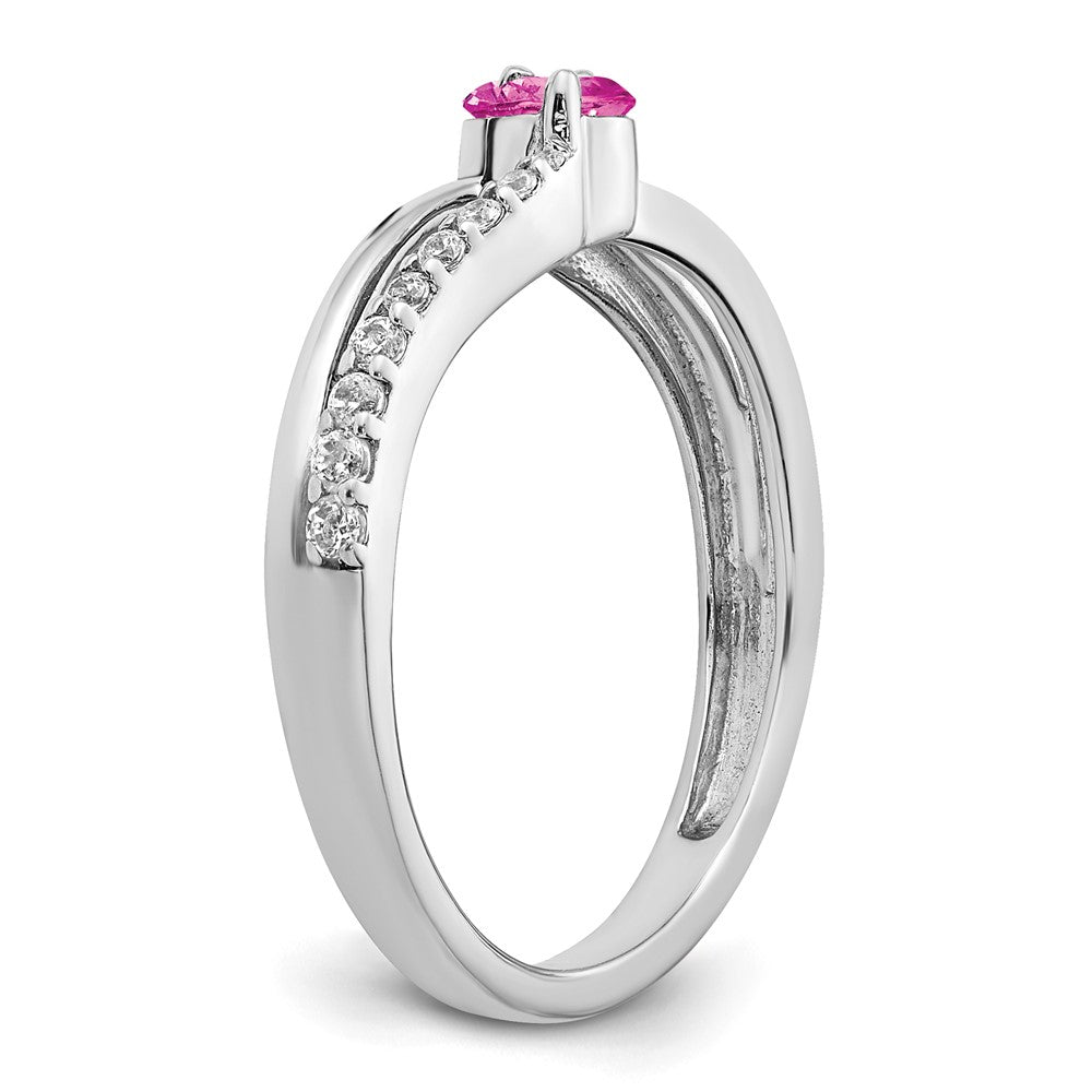 14k White Gold Created Pink Sapphire and Real Diamond 2-stone Ring