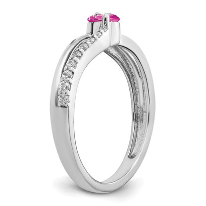 14k White Gold Created Pink Sapphire and Real Diamond 2-stone Ring