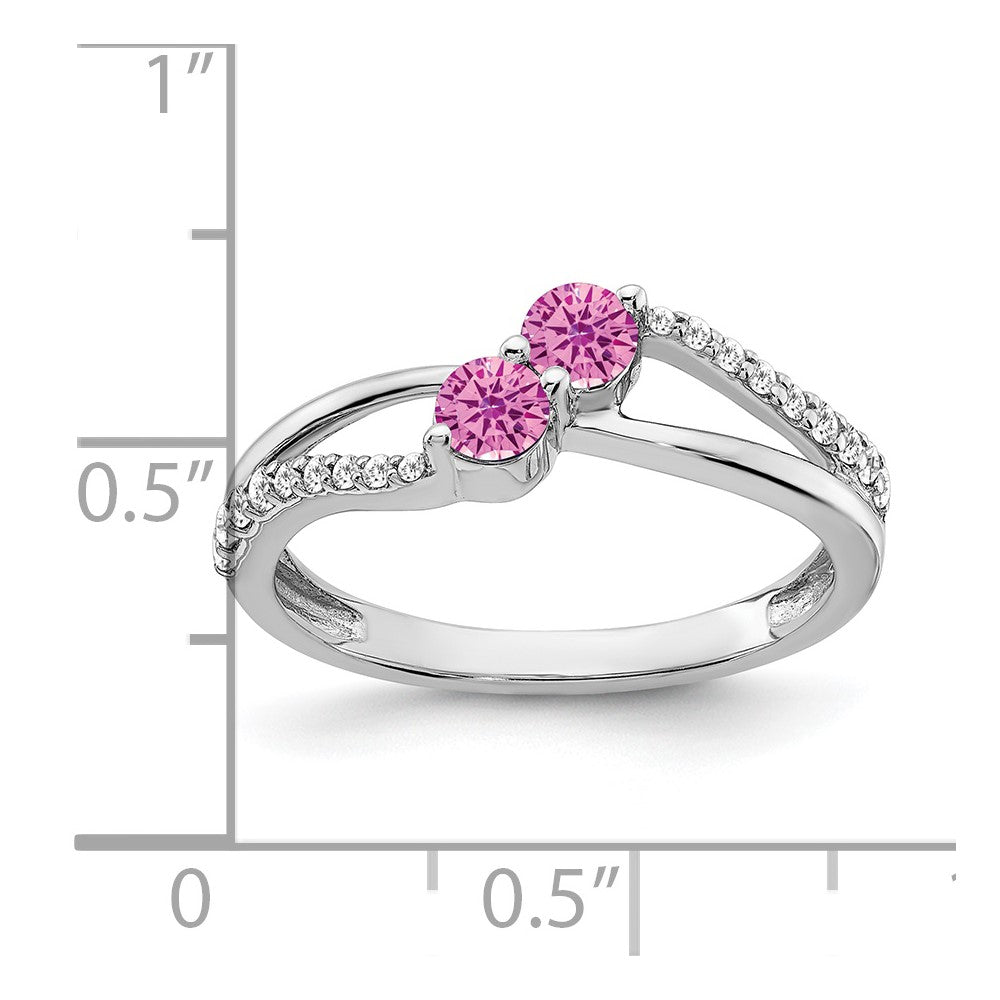 14k White Gold Created Pink Sapphire and Real Diamond 2-stone Ring