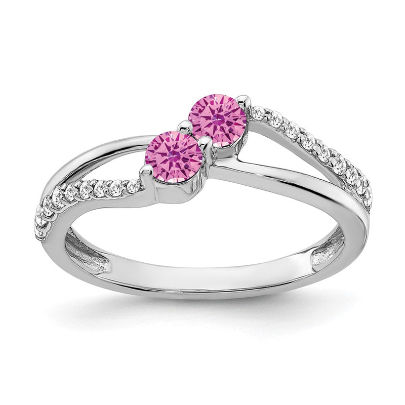 14k White Gold Created Pink Sapphire and Real Diamond 2-stone Ring