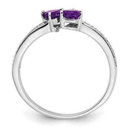 Solid 14k White Gold Simulated Amethyst and CZ 2-stone Heart Ring