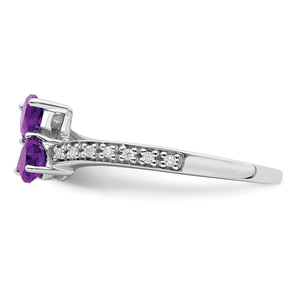 Solid 14k White Gold Simulated Amethyst and CZ 2-stone Heart Ring