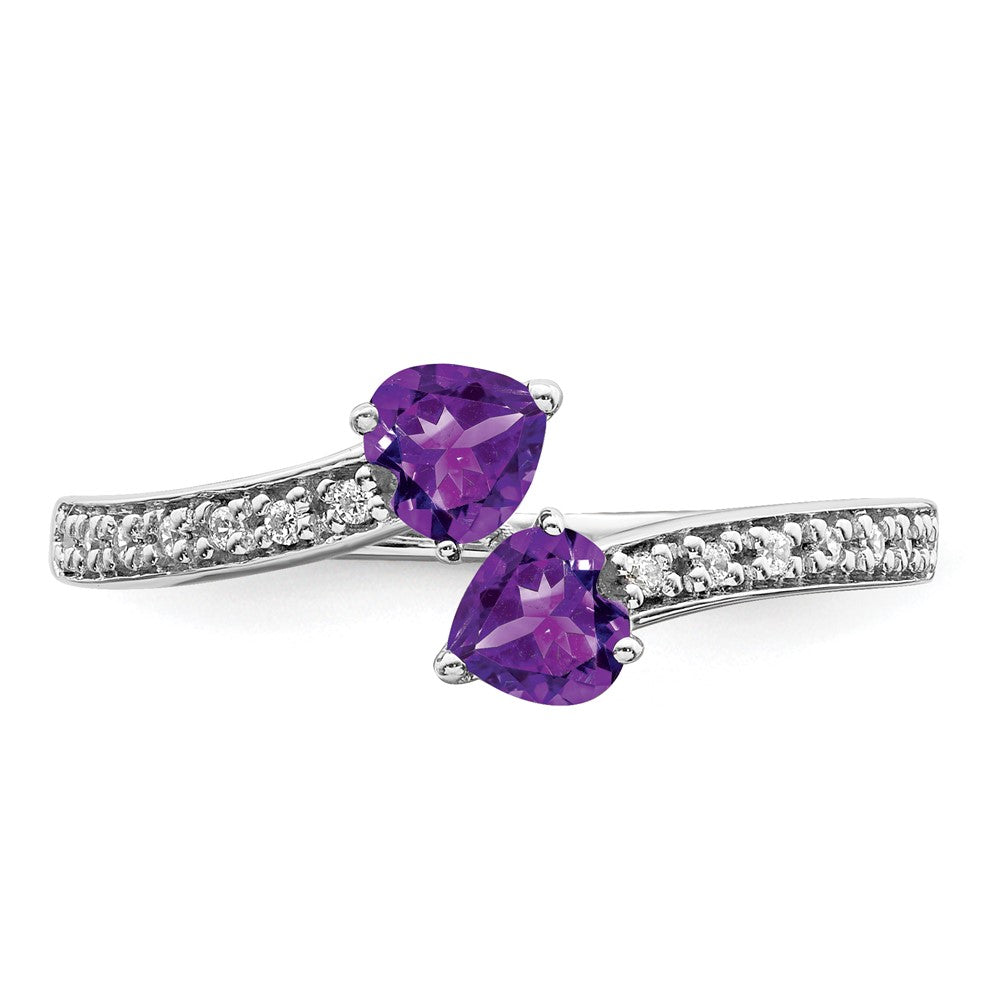 Solid 14k White Gold Simulated Amethyst and CZ 2-stone Heart Ring