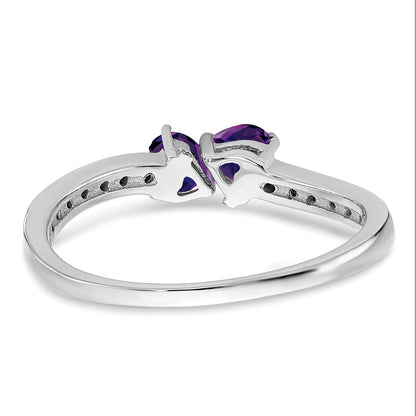 Solid 14k White Gold Simulated Amethyst and CZ 2-stone Heart Ring