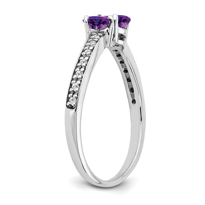 Solid 14k White Gold Simulated Amethyst and CZ 2-stone Heart Ring