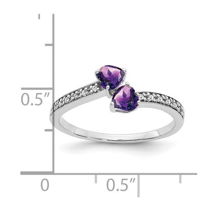 Solid 14k White Gold Simulated Amethyst and CZ 2-stone Heart Ring