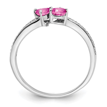 14k White Gold Created Pink Sapphire and Real Diamond 2-stone Heart Ring