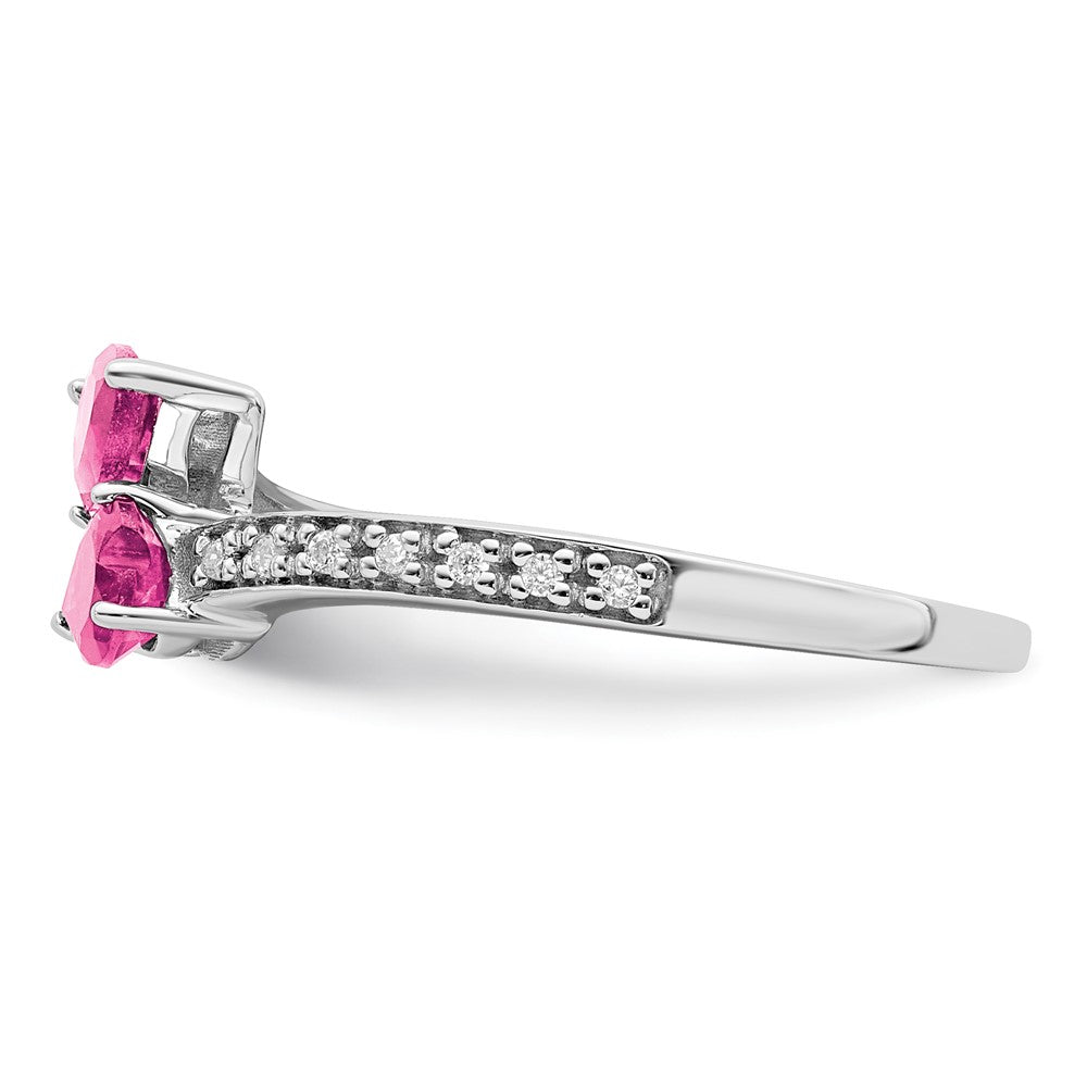 14k White Gold Created Pink Sapphire and Real Diamond 2-stone Heart Ring
