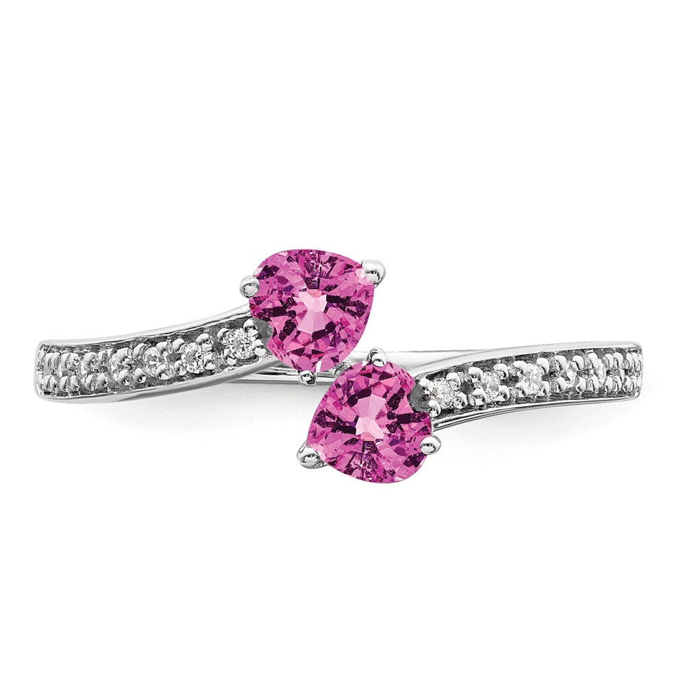 14k White Gold Created Pink Sapphire and Real Diamond 2-stone Heart Ring