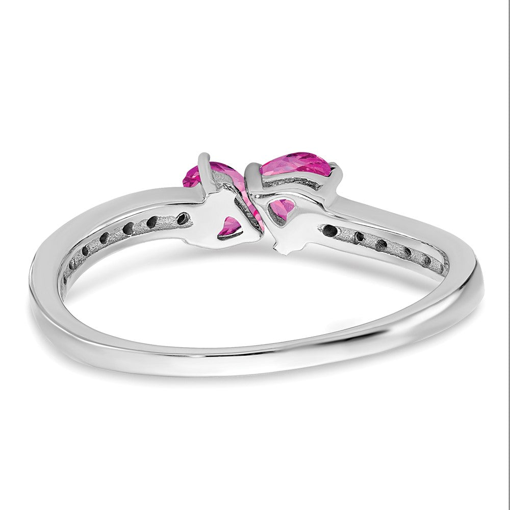 14k White Gold Created Pink Sapphire and Real Diamond 2-stone Heart Ring