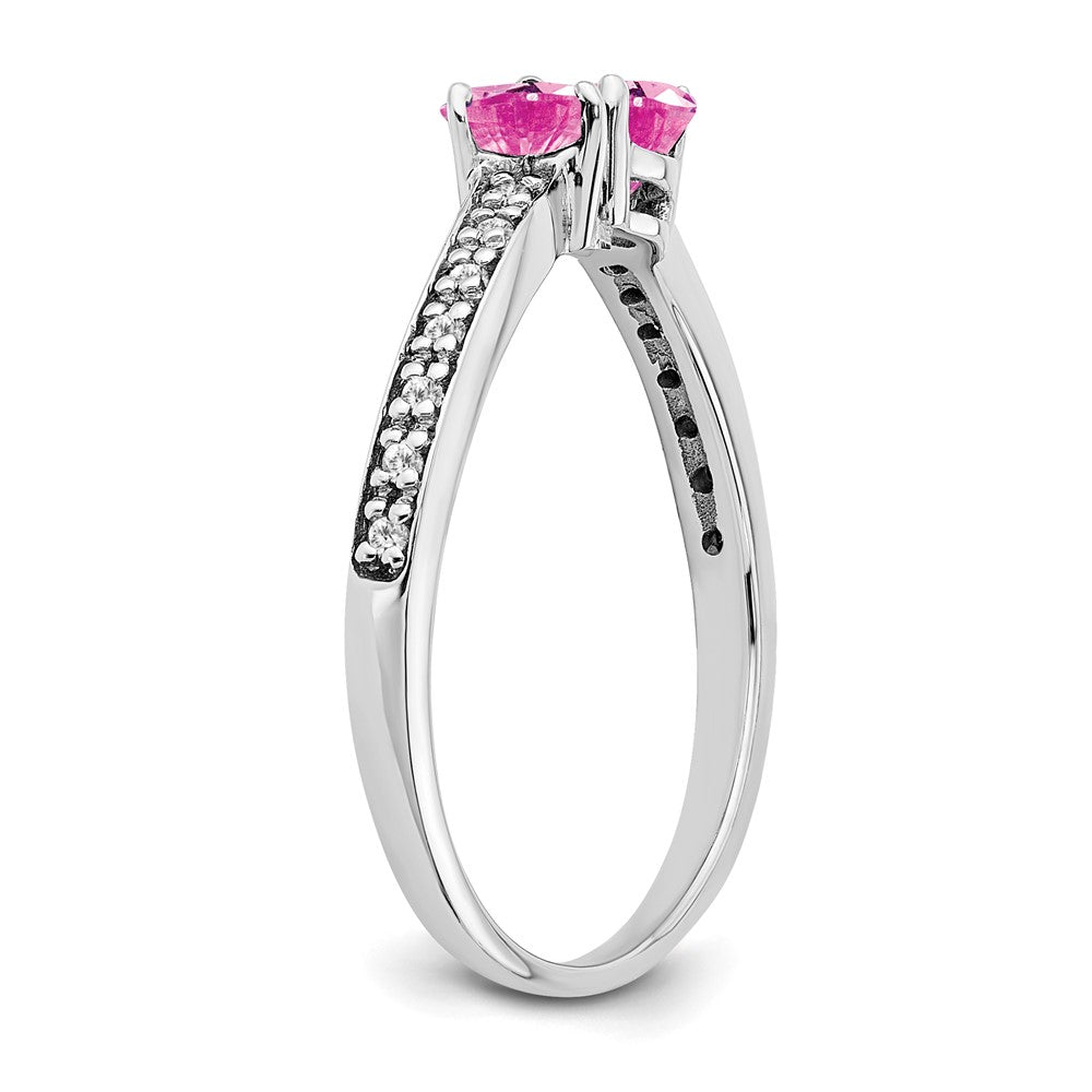 14k White Gold Created Pink Sapphire and Real Diamond 2-stone Heart Ring