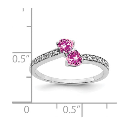 14k White Gold Created Pink Sapphire and Real Diamond 2-stone Heart Ring