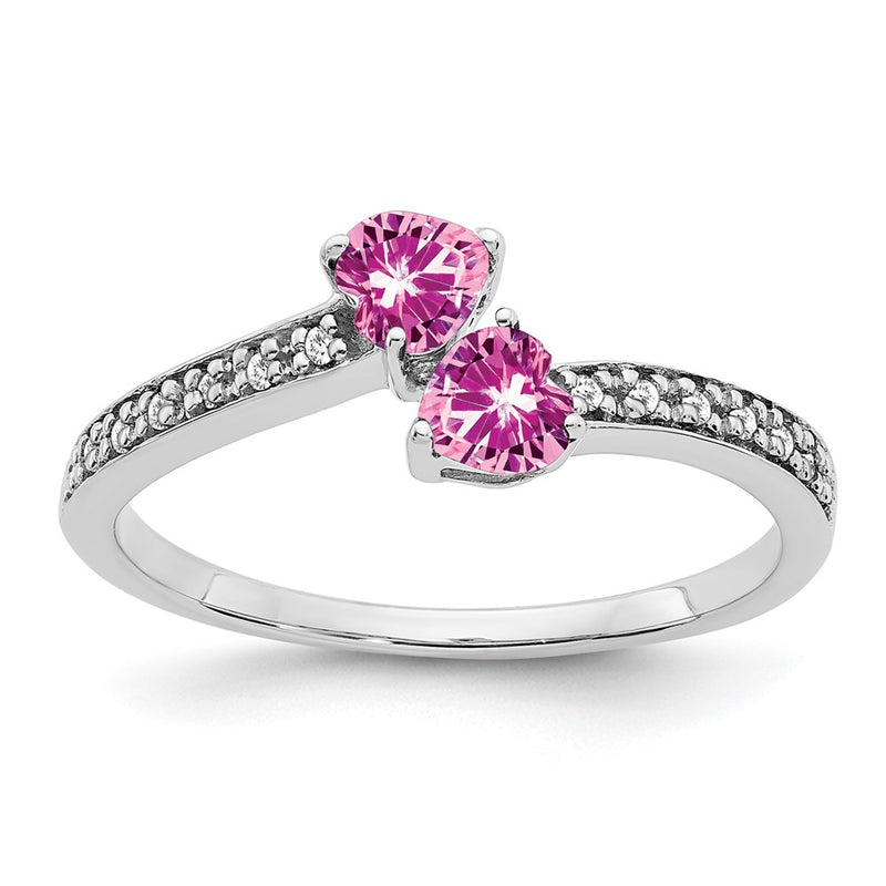 14k White Gold Created Pink Sapphire and Real Diamond 2-stone Heart Ring