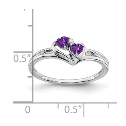Solid 14k White Gold Simulated Amethyst and CZ 2-stone Heart Ring