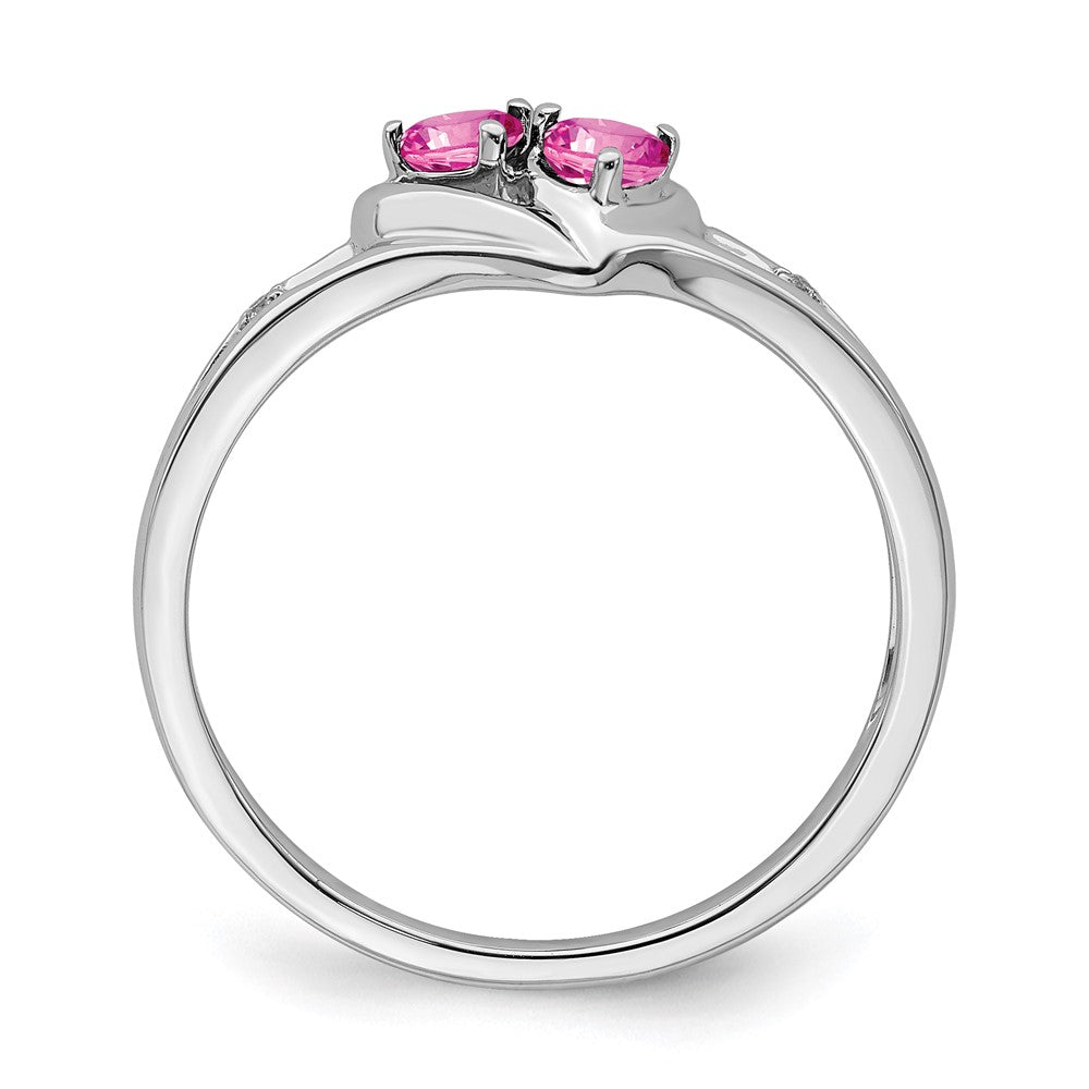 14k White Gold Created Pink Sapphire and Real Diamond 2-stone Heart Ring
