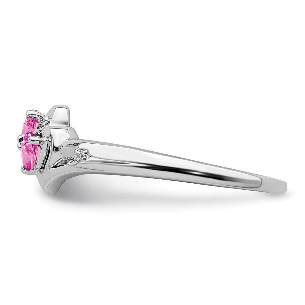 14k White Gold Created Pink Sapphire and Real Diamond 2-stone Heart Ring