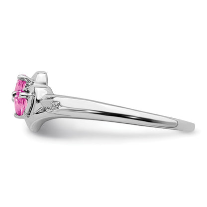 14k White Gold Created Pink Sapphire and Real Diamond 2-stone Heart Ring