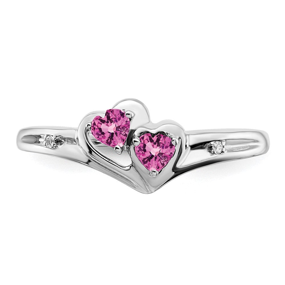 14k White Gold Created Pink Sapphire and Real Diamond 2-stone Heart Ring