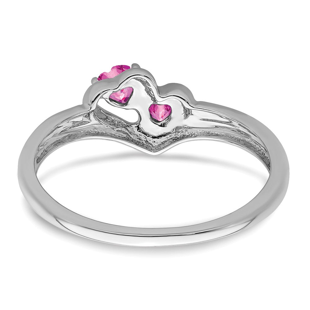 14k White Gold Created Pink Sapphire and Real Diamond 2-stone Heart Ring
