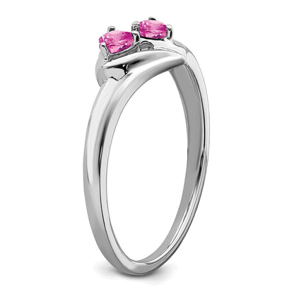 14k White Gold Created Pink Sapphire and Real Diamond 2-stone Heart Ring