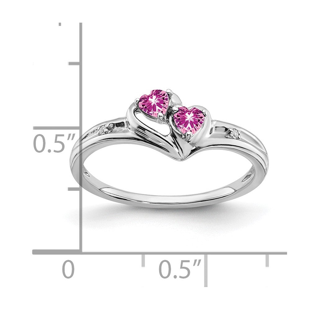 14k White Gold Created Pink Sapphire and Real Diamond 2-stone Heart Ring