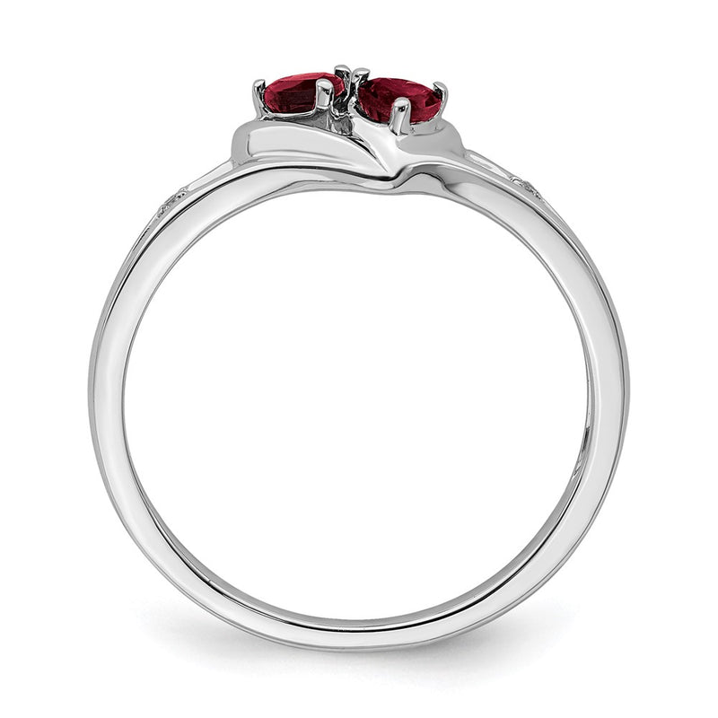 14k White Gold Created Ruby and Real Diamond 2-stone Heart Ring