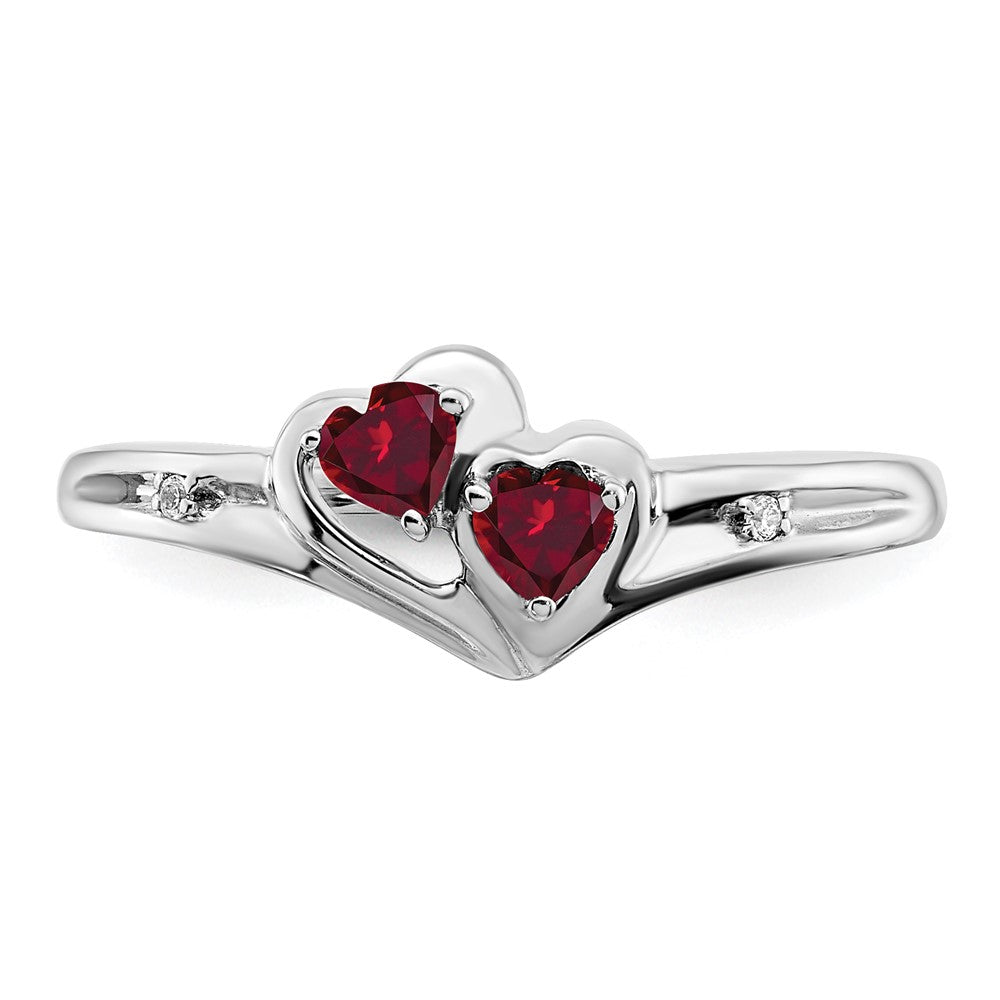 14k White Gold Created Ruby and Real Diamond 2-stone Heart Ring