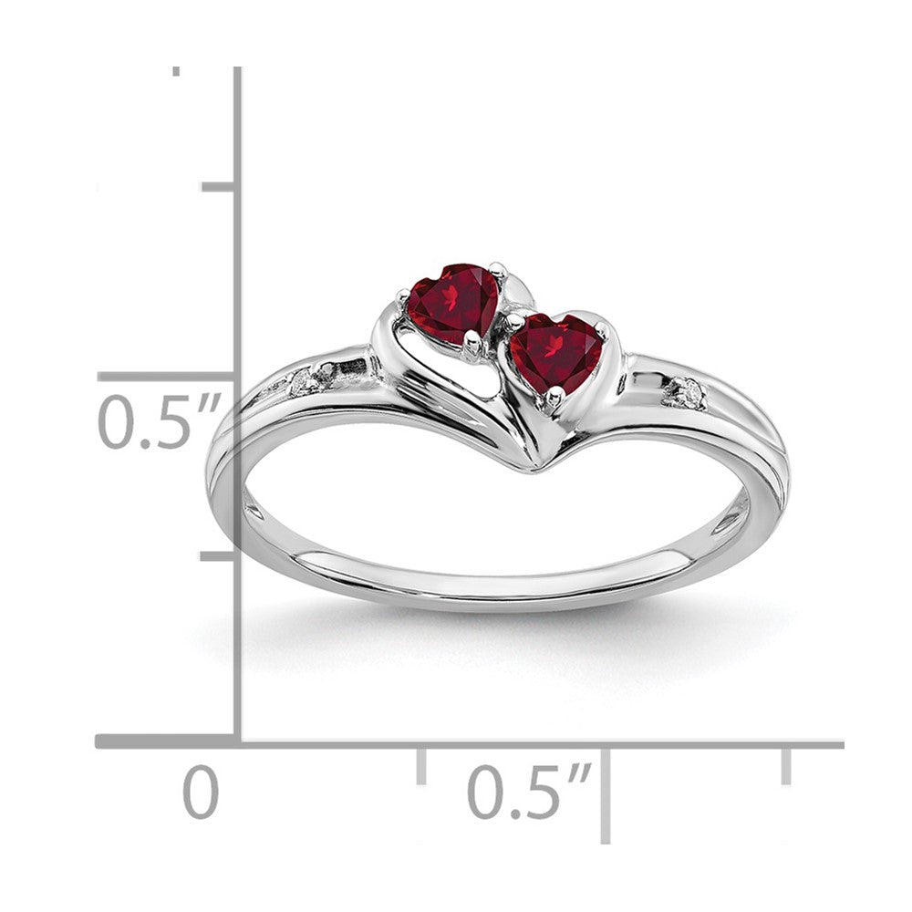 14k White Gold Created Ruby and Real Diamond 2-stone Heart Ring