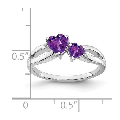 Solid 14k White Gold Simulated Amethyst and CZ 2-stone Heart Ring