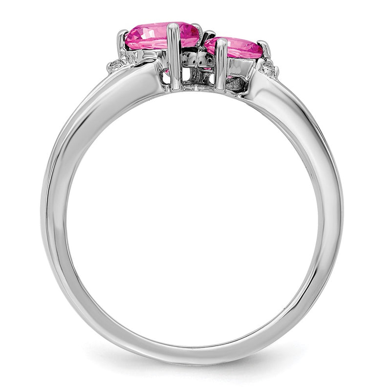 14k White Gold Created Pink Sapphire and Real Diamond 2-stone Heart Ring