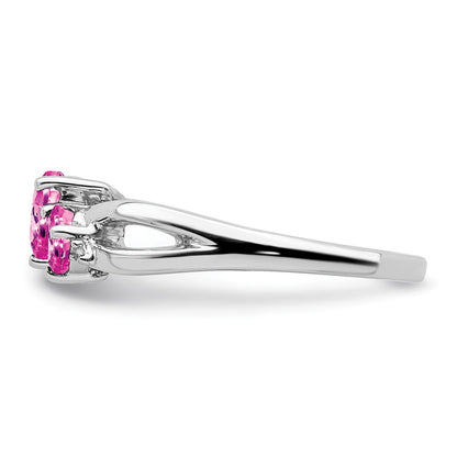 14k White Gold Created Pink Sapphire and Real Diamond 2-stone Heart Ring