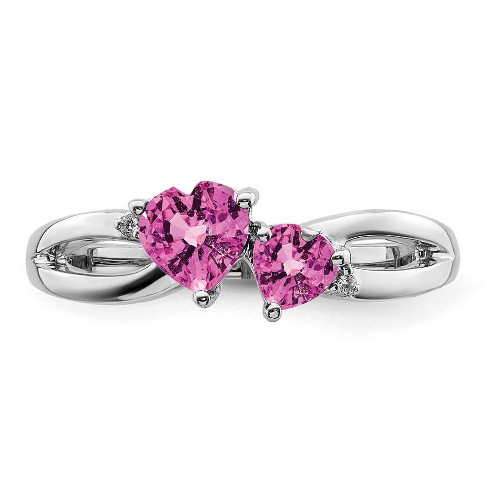 14k White Gold Created Pink Sapphire and Real Diamond 2-stone Heart Ring