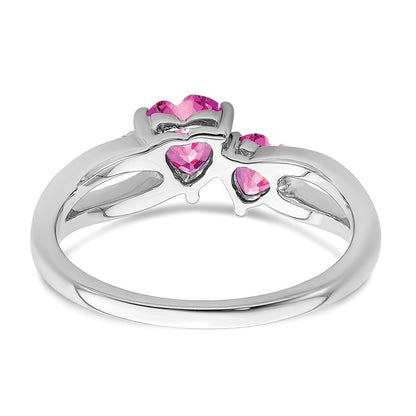 14k White Gold Created Pink Sapphire and Real Diamond 2-stone Heart Ring