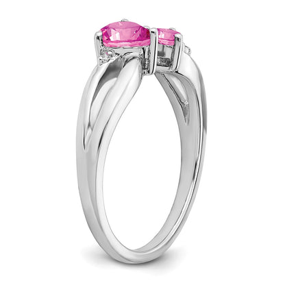 14k White Gold Created Pink Sapphire and Real Diamond 2-stone Heart Ring