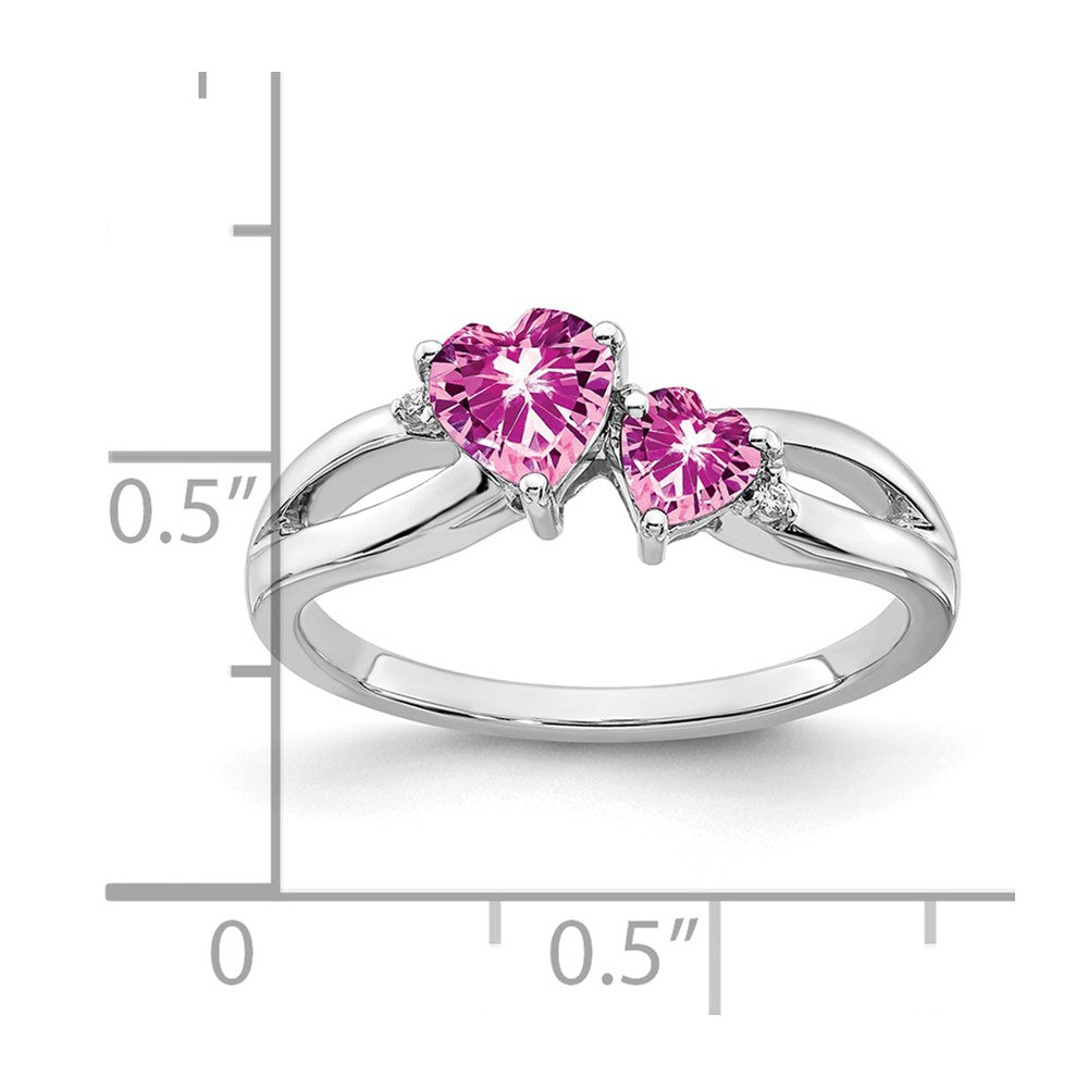 14k White Gold Created Pink Sapphire and Real Diamond 2-stone Heart Ring