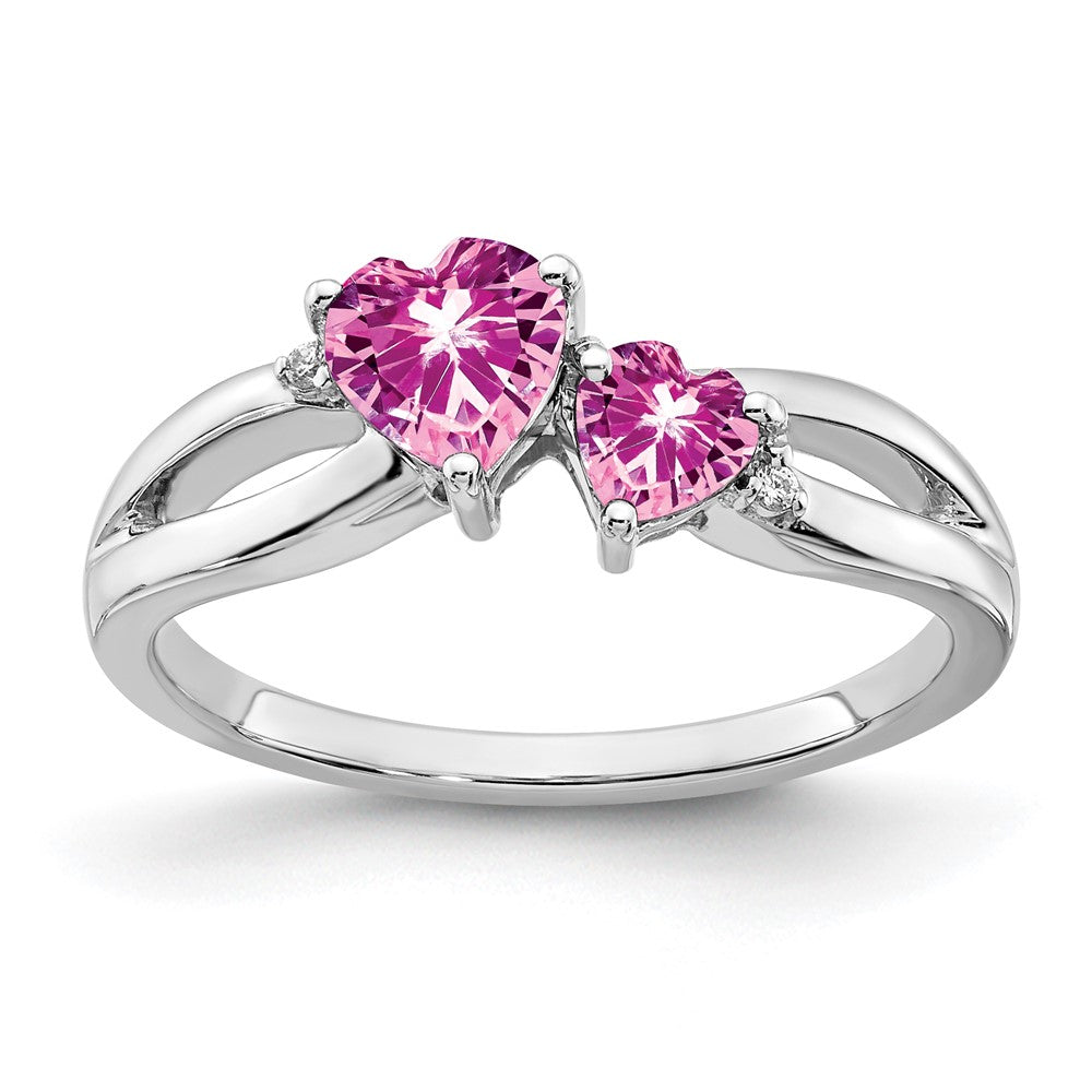 14k White Gold Created Pink Sapphire and Real Diamond 2-stone Heart Ring