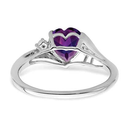 Solid 14k White Gold Simulated Amethyst and CZ Heart Ring
