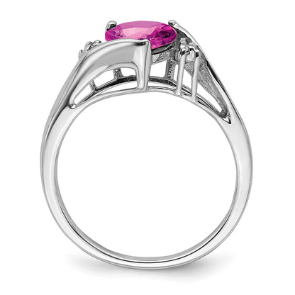 14k White Gold Created Pink Sapphire and Real Diamond Heart Ring