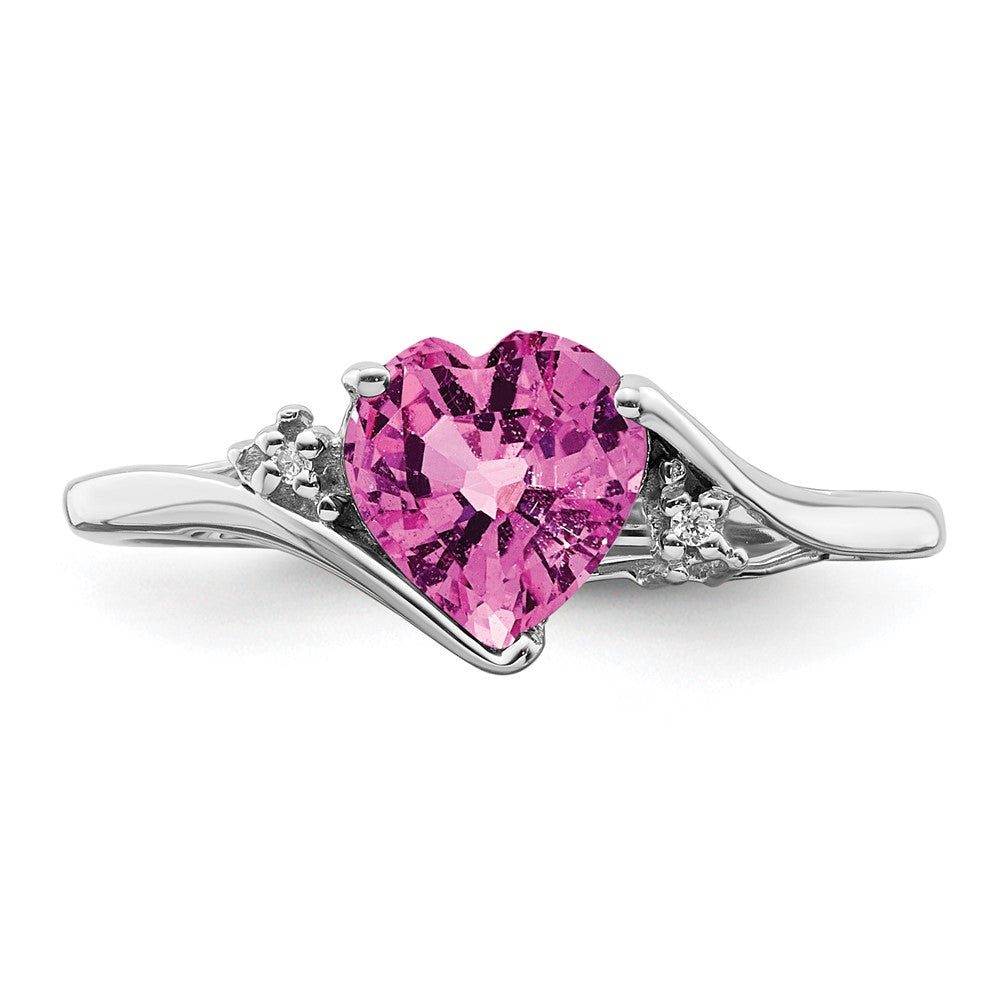 14k White Gold Created Pink Sapphire and Real Diamond Heart Ring