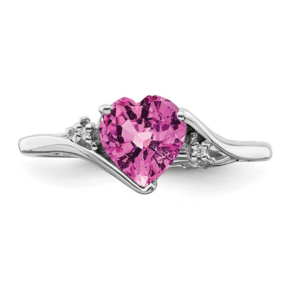 14k White Gold Created Pink Sapphire and Real Diamond Heart Ring