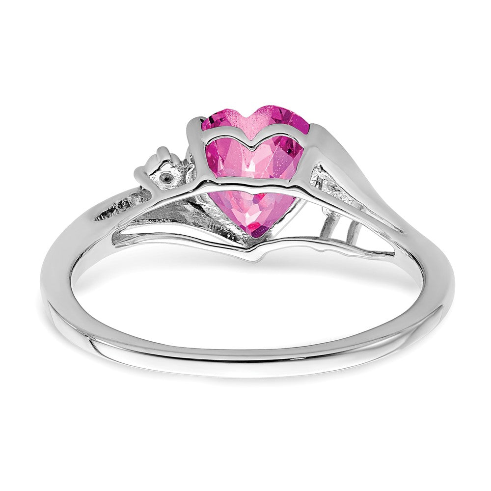 14k White Gold Created Pink Sapphire and Real Diamond Heart Ring
