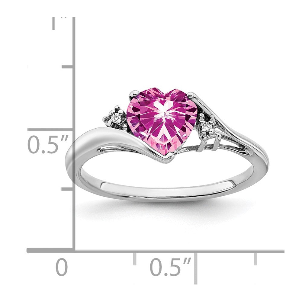 14k White Gold Created Pink Sapphire and Real Diamond Heart Ring