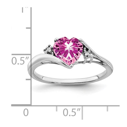 14k White Gold Created Pink Sapphire and Real Diamond Heart Ring