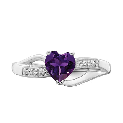 Solid 14k White Gold Simulated Amethyst and CZ Heart Ring