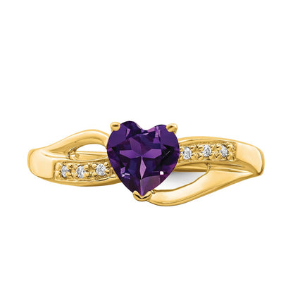 14K Yellow Gold Amethyst and Real Diamond Heart Ring