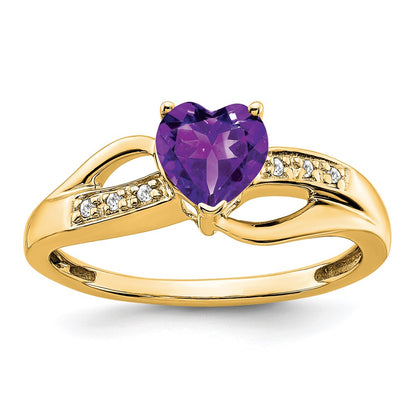 14K Yellow Gold Amethyst and Real Diamond Heart Ring
