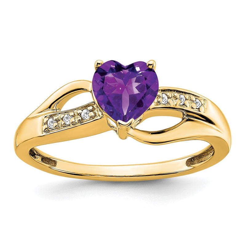 14K Yellow Gold Amethyst and Real Diamond Heart Ring