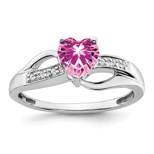 14k White Gold Created Pink Sapphire and Real Diamond Heart Ring
