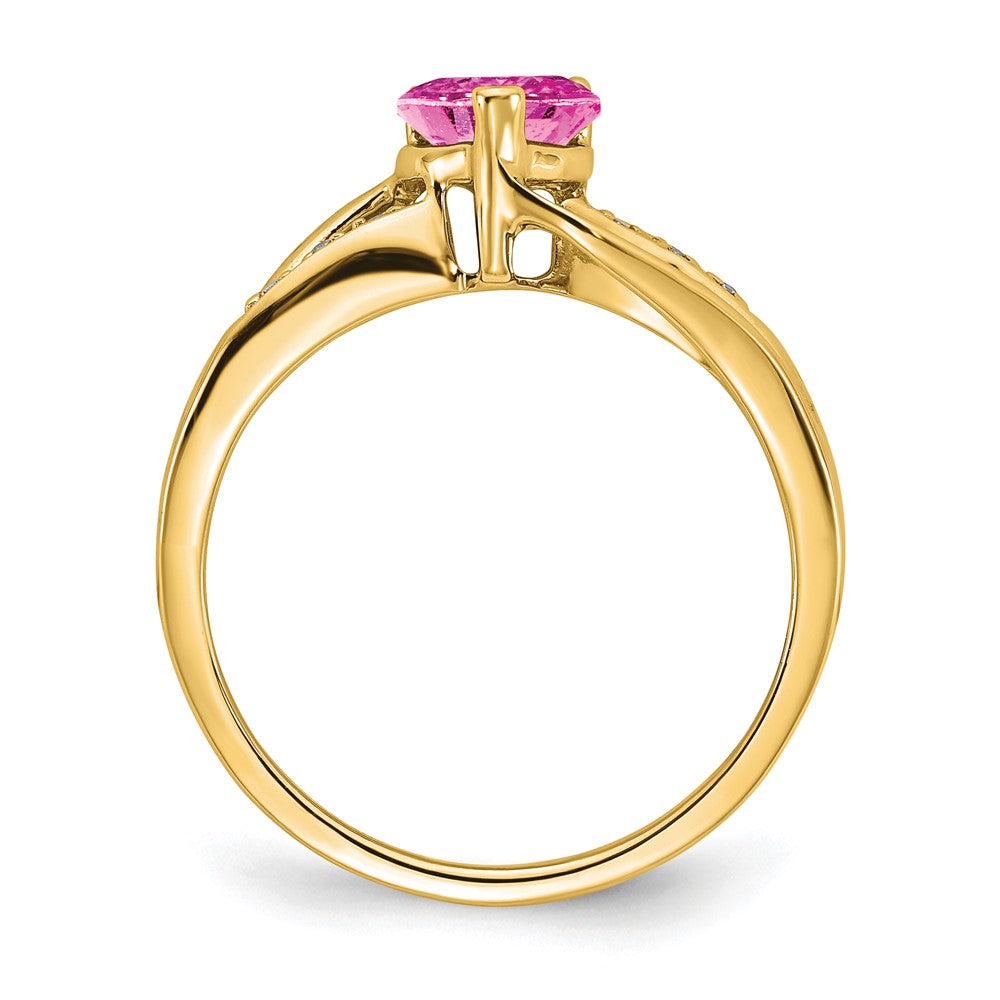 14K Yellow Gold Created Pink Sapphire and Real Diamond Heart Ring