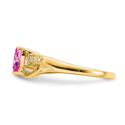14K Yellow Gold Created Pink Sapphire and Real Diamond Heart Ring